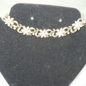 Vintage Trafari Gold and Rhinestone Floral Necklace bracelet and clip earrings